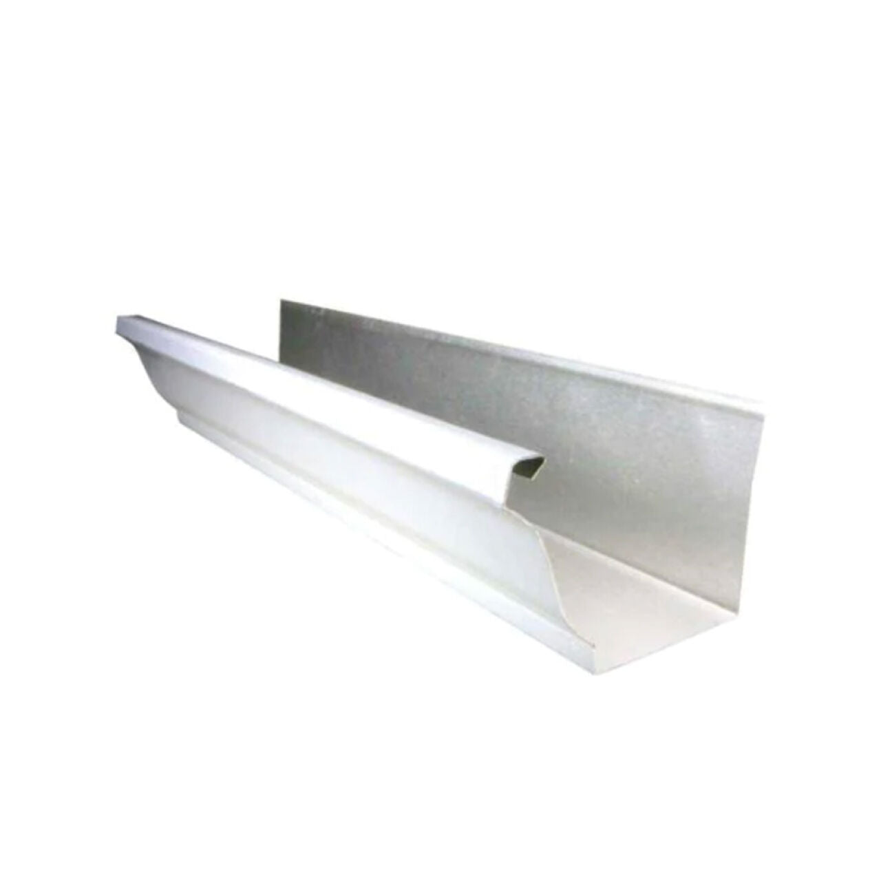 The Go Build 5 in. x 10 ft. K-Style Aluminum Gutter in white features a rectangular back and decorative curved front edge, ideal for modern gutter systems and shown on a plain white background.